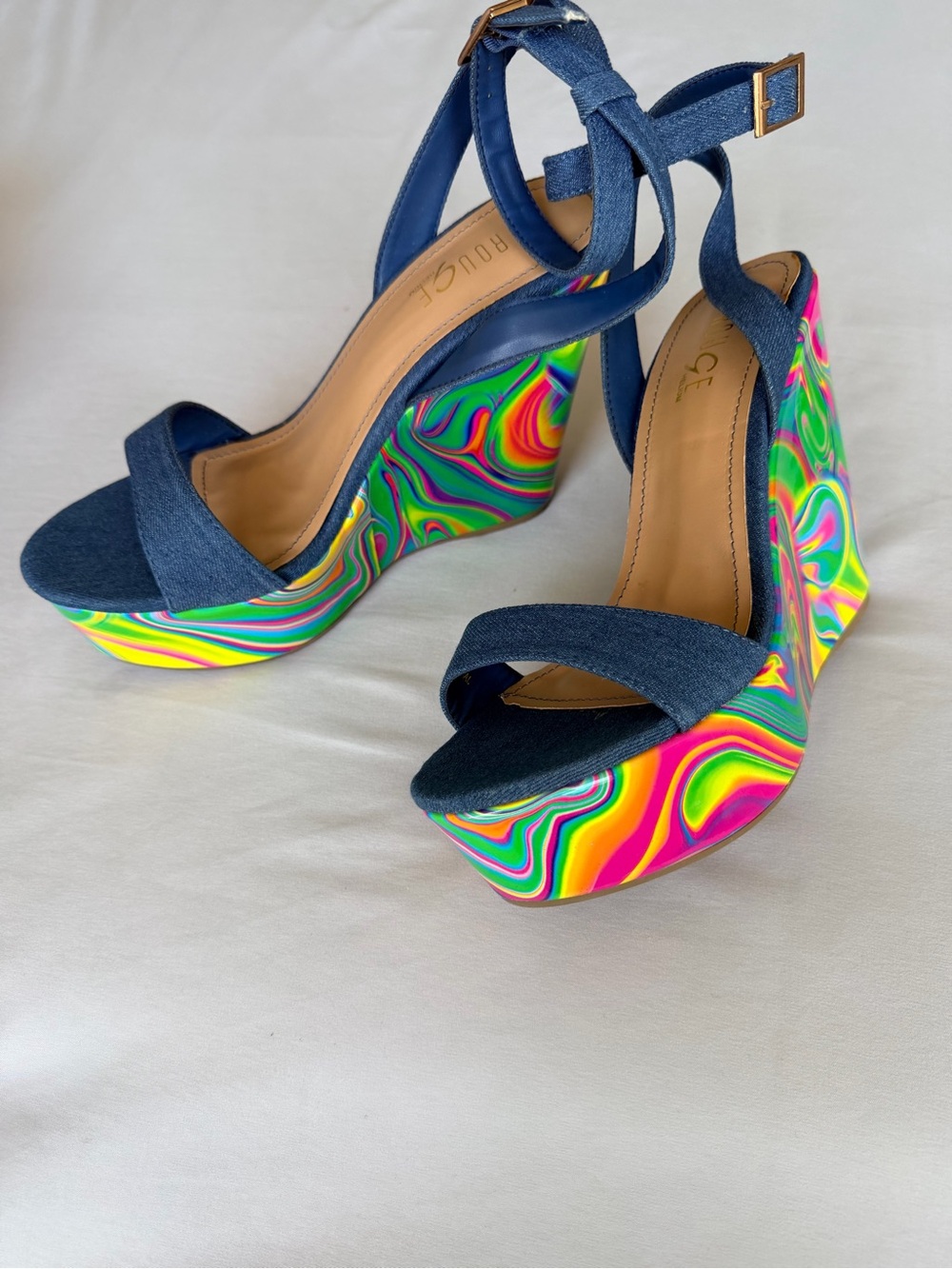 Ruche Denim Ankle-Strap Wedges with Neon Swirl Platform